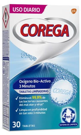 Corega Oxígeno Bio-Activo, Tabletas Limpiadoras Para Prótesis Dentales, Limpieza en Profundidad en 3 Minutos, 30 Tabletas