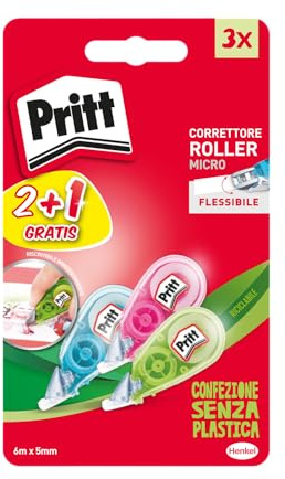 Pritt Micro Roller, Correttore per correggere ogni errore, Bianchetto a nastro antimacchia mini, Cancellino a nastro dal design colorato in blu, verde e rosa, Confezione da 3 (5mmx6m)