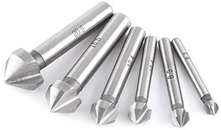 Kegelsenker Set HSS, 6 Stück Kegelsenker Satz 6,3mm / 8,3mm / 10,4mm / 12,4mm / 16,5mm / 20,5mm Senkbohrer Set mit 3 Schneiden, Senkkopf, Abstechgerät