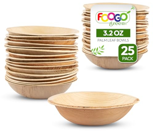 FOOGO Green 25 Ciotole Mini Monouso in Foglia di Palma, 10 cm, 90 ml, Dessert e Insalate, Rotonde, Biodegradabili, Compostabili come Ciotole in Legno, Bambù e Carta, per Feste, Aperitivi e Stuzzichini