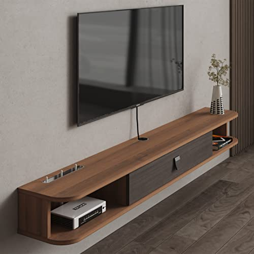 Consola de TV flotante, unidad de TV flotante montada en la pared, estante de pared de entretenimiento, consola de medios con puerta y almacenamiento para oficina en casa (120 cm, marrón oscuro)