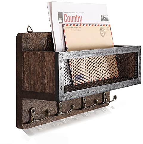 ADIIL Mail and Key Holder for Wall Decorative, Wooden Wall Mount Key Rack Hanger Organizer with 4 Double Key Hooks, Rustic Home Decor for Entryway Hallway, Brown