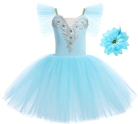 Mädchen Ballettkleid Rüschenärmel Spitze Rock Tütü Balletttrikot + Haarspange Kinder Ballettkleidung Ballettanzug Tanzkleid Tanzbody Skaten Gymnastik Tanzbekleidung Ballerina Kostüm Blau 7-8 Jahre