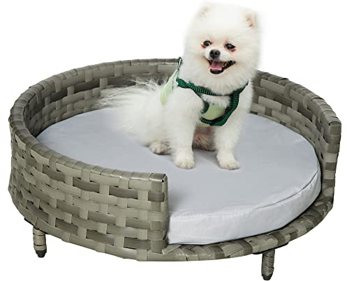 PawHut Synthetisches Rattan Hundesofa Rund Erhöhtes Kleintierbett mit Wasserfestem und Waschbarem Kissen für drinnen und draußen Ø60x20 cm Grau