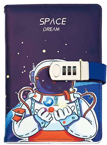 NectaRoy A5 Lockable Diary Travel Journal, PU Leather Space Astronaut Pattern Password Notebook Sketchbook, Office School Supplies Student Stationery Birthday Gift, Pen Holder&Card Slots, 215x145mm