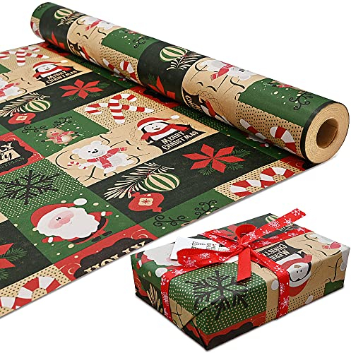 DOJoykey 43cm x 15M Roll Package Christmas Wrapping Paper, Kraft Paper Printed with Christmas Pattern Recyclable Wrapping Paper for Xmas Party Gift Wrap