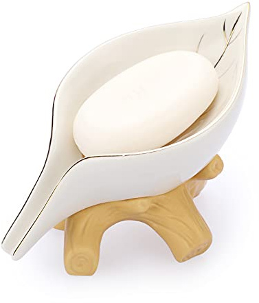 SUMTree Ceramic Soap Holder Self Draining Soap Dish, Leaf Shape Soap Saver Box for Home Bathroom Kitchen Sink Bathtub, Hotel, Restaurant to Keep Soap Dry, White