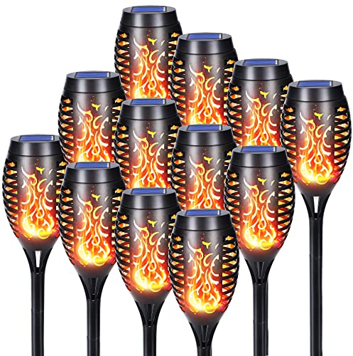 Qedertek Luces Solares LED Exterior Jardin - 12 Pack 12 LED Antorchas con Llamas Realistas, IP65 Impermeable para Jardín, Patio, Pasillo, Césped y Camino