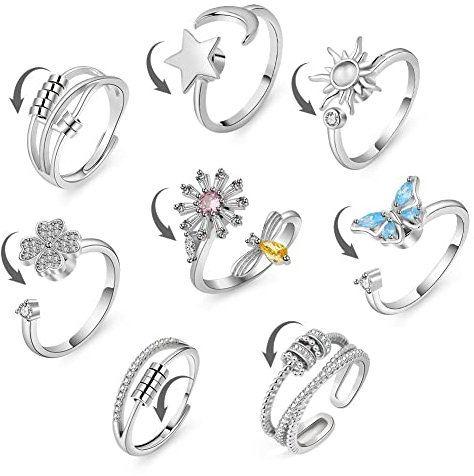 Aucuu Spinnringar mot oro för kvinnor, 925 silver, ringar för kvinnor, öppna ringar, fidget spinner, kubisk zirkonia, fidget-ringar, justerbara fidget-ringar, justerbara för stressreducering, Silver