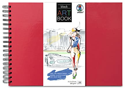 Ursus 25310022 - Art Book Schwarz, 200g/qm mit Stabiler Spiralbindung, wasserabweisendes Hardcover in Rubinrot, schützt Kunstwerke und Handlettering-Skizzen