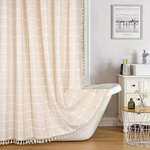 Colorigan Boho Farmhouse Duschvorhang, 183 x 213 cm, Leinen, rustikaler Stoff, Duschvorhang-Set mit Quaste, wasserabweisendes Tuch, moderner Bohemian-Chic-Stil, Landhaus-Badezimmer-Duschvorhänge