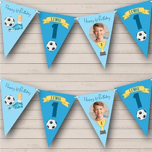 Fingerprint Designs 1st Birthday Boy Kids Football Sport Yellow Photo Any Age Personalised Bunting