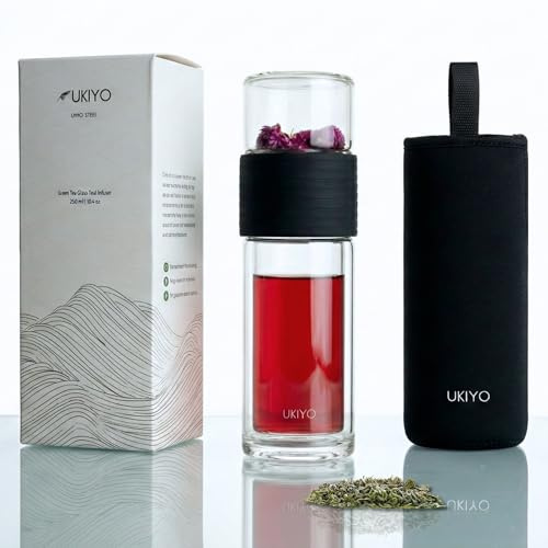 Ukiyo Sense Botella infusora de té y frutas de vidrio de doble pared, vaso de viaje con filtro de acero inoxidable y funda de neopreno