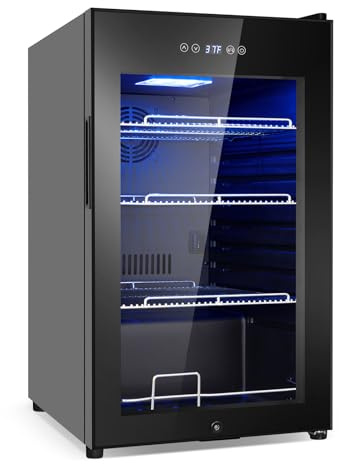 FoMup Beverage Refrigerator 17 inch Wide - 126 Can Beverage Cooler with Glass Door | Counter-Top/Freestanding Mini Beverage Beer Fridge | Temperature Memory | Invisible Door | Perfect for Soda, Beer