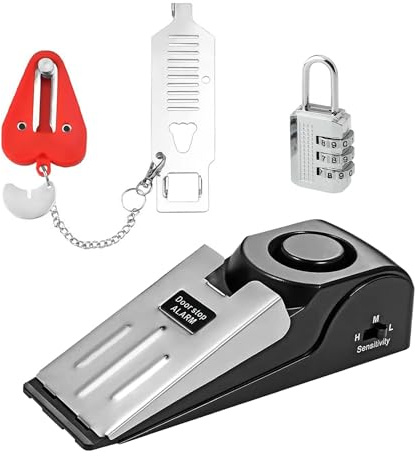 QEEYON Butée de porte d'alarme et serrure de porte portable, cale antidérapante avec alerte de 120 dB réglable, double protection, kit de porte de sécurité pour maison, hôtel, voyage, sécurité