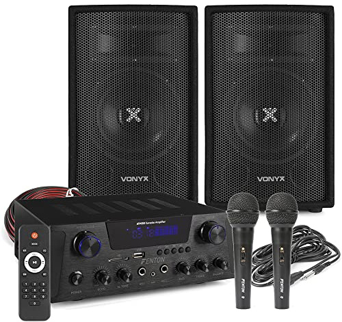 Fenton AV430B Home Karaoke System, Mics, Bluetooth Amp, Vonyx Speakers | Dual wired dynamic mics, echo & tone controls, USB/SD MP3 Media Player, 10m cable, wireless remote control