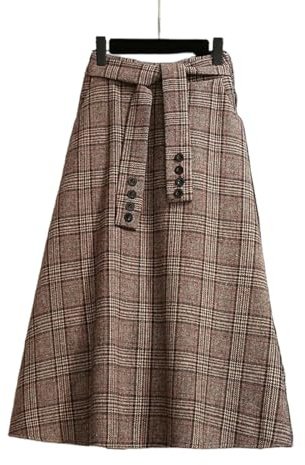 MdybF Traditionell kjol dam rutig kjol dam höst vinter vintage kjolar dam A-linje kjol dam elegant avslappnad ull ull långa kjolar kaki-XL