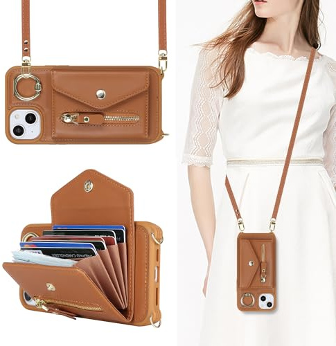 SailorTech iPhone 14 Plus Case with Zipper Credit Card Holder for Women, iPhone 14 Plus Phone Leather Case Ring Stand with Card Slots Kickstand Wallet Crossbody for iPhone 14 Plus-Brown