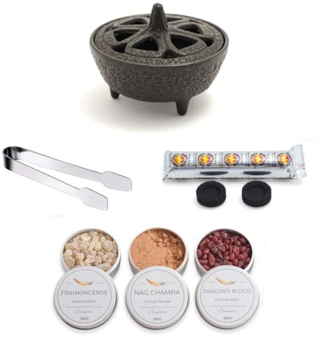 The Smudge Stick Shop Kit bruciatore di incenso con incenso, sangue di drago e incenso Nag Champa. Bruciatore di incenso in ghisa + barattoli di incenso fresco da 30 ml + pinze in acciaio inossidabile