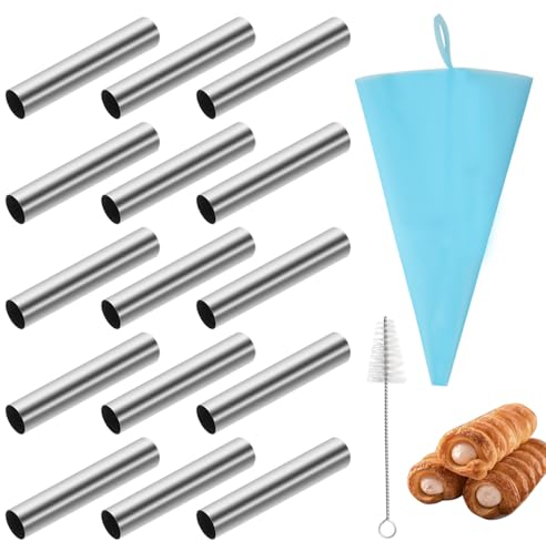 GYSRXS 15 Pezzi Stampi per Cannoli Acciaio Inossidabile Stampo per Croissant con Spazzola di Pulizia e Sac à Poche Cannoli Tubi Set per Croissant,Cremoso Pasticceria