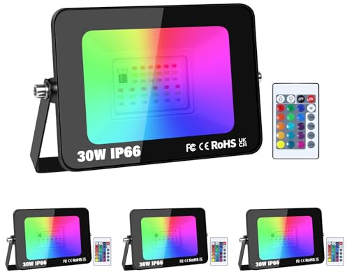 RIGIDON 4x RGB LED Strahler mit Fernbedienung, 30W 3000LM RGBW Flutlicht | 16 Farben 4 Modi Dimmbar IP66 Wasserdicht Farbwechsel Fluter Bunt für Party Garten Baum Landschaft Disco Feiern, Ohne Stecker