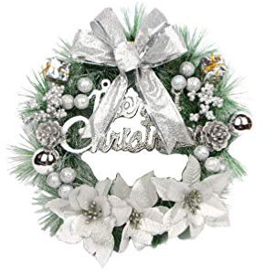SEWACC Weihnachtskranz 30 cm Künstlicher Kranz Mit Kiefernbeeren Schleife Wandbehang Ornament Für Haustür Fensterdekoration (Silber)