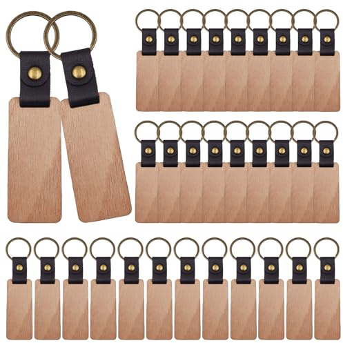 VEGOATY 30 Stück Holz Schlüsselanhänger, Wooden Keychain Schlüsselring Blanko, Beschriftbar Für Dekoration, Geschenke