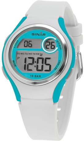 SINAR Mädchen Armbanduhr Jugend Sportuhr Fitness Outdoor Digital Quarz 10 Bar wasserdicht mit Licht und Silikonband Weiß Türkis XE-64-0