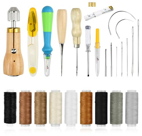 ADERTOS 25 Stück Ledernähset Leder Nähen Werkzeuge Lederwerkzeug Set Leder Reparatur Nähset mit Nähnadeln, Nähahle, Nahttrenner, Nähgarn Fingerhut Wachsfaden für Lederhandwerk Reparaturen Handnähen
