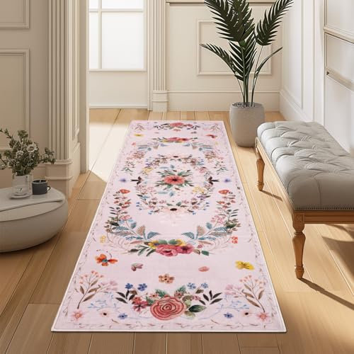 Rosa Blume Teppich Läufer Flur Rutschfest 60X180cm, Boho Weich Langer Läufer, Waschbar Kurzflor Küchenläufer Rutschfest, Teppichläufer Flur Flurteppich Flurläufer für Küche Schlafzimmer Wohnzimmer