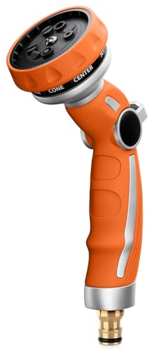 RESTMO Gartenbrause Metall, Robuste Garten Wasserspritze Heavy Duty | 9 Muster Gartenschlauch Brause zum Reinigen und Bewässern, Daumenflusskontrolle, Einhandbedienung, Orange