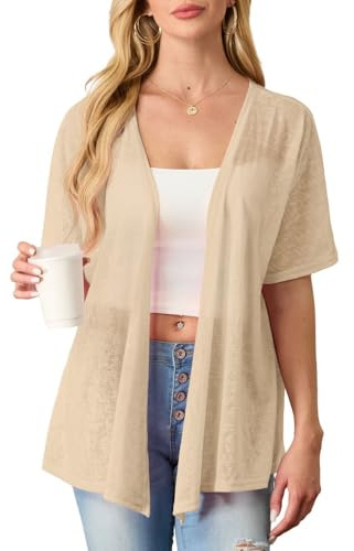 PrinStory Cárdigan ligero de verano para mujer, manga corta/larga, punto frontal, cuello en V, parte superior abierta
