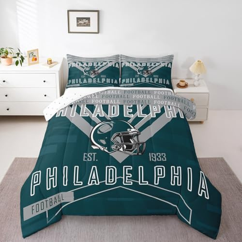 Feelyou Football Bedding Set Boys Girls Twin Size Women Men Rugby Sports Comforter Football City Duvet Quilt Gray Green Room Decor