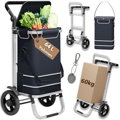 EdelFaktum Einkaufstrolley 64L groß, Einkaufstasche mit Rollen klappbar, Einkaufswagen bis 60kg, Trolley mit Kühlfach, Einkaufsroller mit Reflektor, Handwagen inkl. Einkaufswagenchip, Schwarz