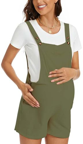 FEOYA Salopette Premaman Corta in Cotone Tuta Larga e Comoda con Tasche Overalls Estivi per Donne Incinte Ideale per Estate e Giornate Calde Verde Scuro S