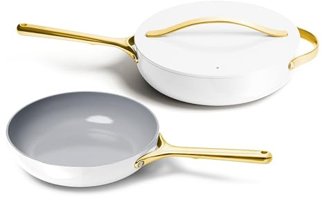 Caraway Fry Pan and Sauté Pan Duo - 10.5” Ceramic Frying Pan and 11.8” Deep Sauté Pan with Lid - Non Stick, Non Toxic, Oven Safe - White