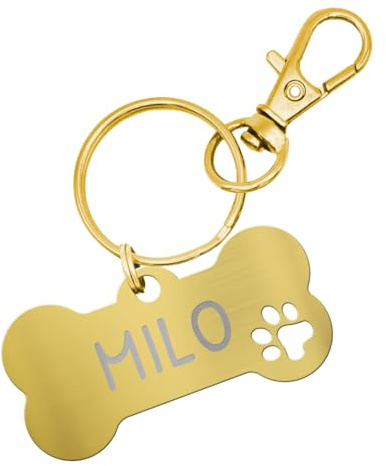 Personalisierte Hundemarke aus Edelstahl – Knochenform mit Pfotenausschnitt – Hochwertige Wunschgravur – Rostfrei, Langlebig & Wetterbeständig – in verschiedenen Farben erhältlich (Gold)