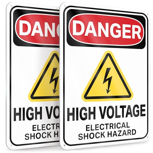 2 PC Reflective Danger High Voltage Sign, 7x10 Aluminum Warning Signs for Property, Electrical Shock Hazard
