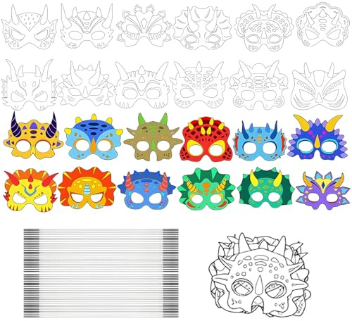 ZXJLWR Lot de 24 masques dinosaures à peindre pour adolescents, kit de bricolage, masques de dinosaures à colorier, décoration d'anniversaire, fête de jeunesse, activités scolaires et créatives (12