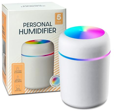 Lizzy Humidifier 300ml Portable Mini Humidifiers for Bedroom, Personal Desktop Air Humidifier with Colorful Cycling Light | 2 Mist Modes and Auto Shut-Off, Super Quite for Office Home Car (White)