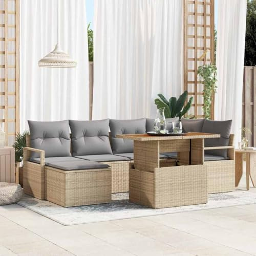 Qnhdfrt 7-teiliges Garten-Sofa-Set aus Poly-Rattan und Akazie in Beige, modernes Outdoor-Loungeset mit wetterfesten Kissen für Terrasse, Balkon und Garten