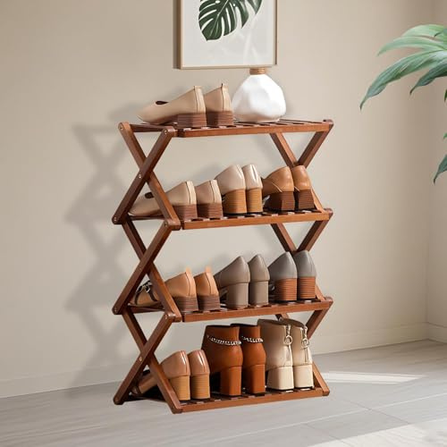 DARDVORLAG Schuhregal Bamboo,Tragbar,Ohne Montage,Schuhregal Klein für Flur,Schlafzimmer und Kleine Räume (Teebraun,4 Etagen)