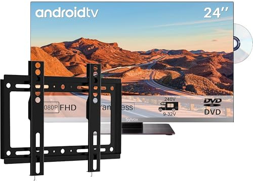 SYLVOX 24 Smart Google 12V TV per Camper & Supporto TV Regolabile | 1080P, Lettore DVD Integrato, Adattatore Televisori 12V, Triple Tuner DVB-T2/S2, USB, HDMI, Ideale per Roulotte, Caravans, Camion