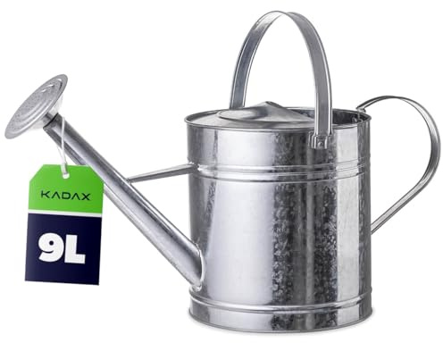 KADAX Zinkgießkanne 9 Liter, Vintage Gießkanne aus verzinkter Stahl, große Metallgießkanne mit Abnehmbarer Brause, Giesskanne für Garten & Gewächshaus (Silber)