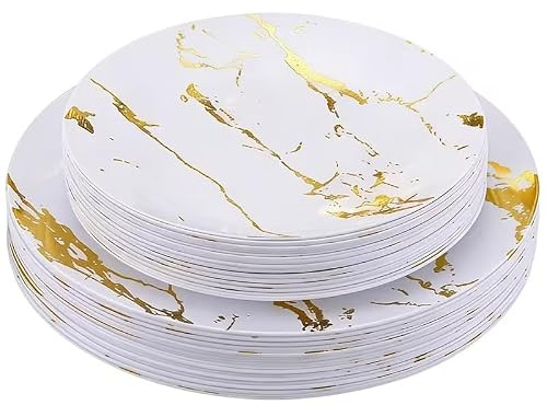 Playcrate 20pc Gold Plastic Plates Set - Marble Dinner Reusable Plates -10pcs 10inch, 10pcs 8inch Reusable Tableware for Weddings, Birthdays, Parties & Christmas
