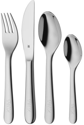 WMF Kinderbesteck 4-teilig, ab 3 Jahren Edelstahl Cromargan poliert Gravurbesteck, spülmaschinengeeignet - mit individueller Namensgravur auf Vorder- und Rückseite