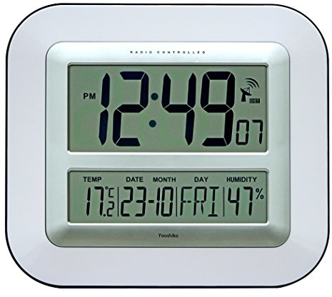 Youshiko Jumbo Large LCD Radio Controlled Wall & Desk Clock (UK & Ireland Version) Silent Battery Operated Temperature Humidity Calendar for Home Office