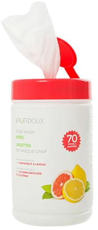 PÜRDOUX ™ CPAP mask wipes with grapefruit lemon scent, canister of 70 wet wipes
