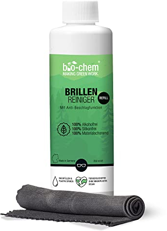 Bio-chem - Limpiador de gafas con función antivaho (250 ml, botella de relleno, spray para gafas, paño de microfibra)
