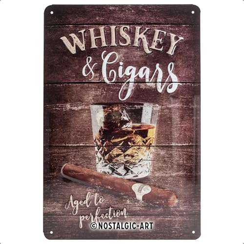 Nostalgic-Art Retro Blechschild, Open Bar – Whiskey – Geschenk-Idee für Spirituosen-Fans, aus Metall, Vintage-Design zur Dekoration, 20 x 30 cm | aus Metall, Vintage Design, Blechschilder Sprüche, Geschenk-Idee für die Hausbar